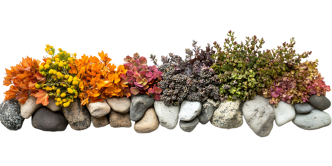 Stone wall with flowers and vegetation: A vibrant stone wall, adorned with a colorful array of flowers and lush vegetation, creating a striking display of natural beauty and artistic landscaping.