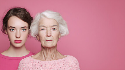 Portrait of a young woman and an elderly woman against a pink background, showcasing generational beauty
