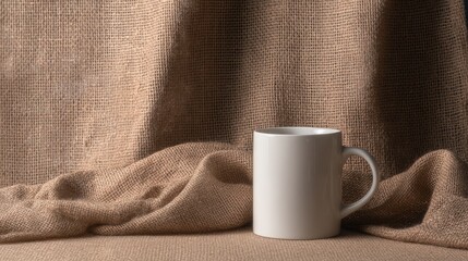 On a softly folded beige linen fabric background with natural shadows, a white ceramic coffee mug is presented in a clean and minimalist product photography style suitable for branding