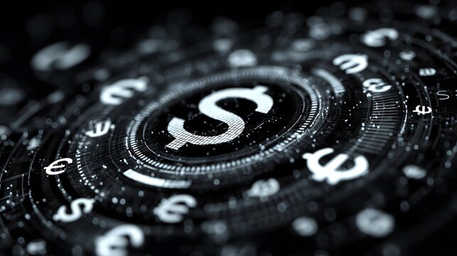 Abstract Digital Currency Symbols Rotating On A Dark Background - Powered by Adobe