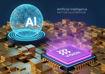 Photo of artificial intelligence concept with glowing ai sphere and processor