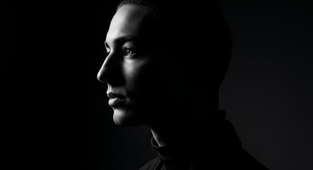 An introspective black and white profile portrait of a serious man emerging from the darkness on a black background