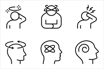 dizziness icon set, graphic pictogram of man with vertigo symptom of migraines, vector illustration on white background