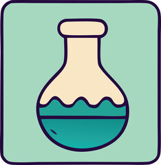 Simple cartoon illustration of a flask containing teal liquid with a creamy white substance in a light green square frame