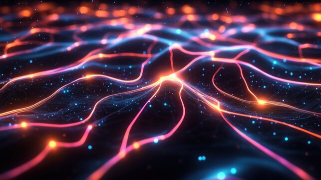 Futuristic neon wave pattern featuring glowing orange, blue lines. 80s, Y2K style, fluorescent glow, dynamic flow. Digital art, backgrounds, modern 90s creative banner, summer visuals.