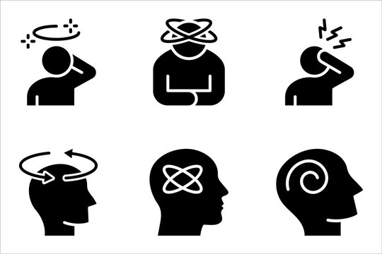 dizziness icon set, graphic pictogram of man with vertigo symptom of migraines, vector illustration on white background