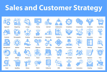 Sales and Customer Strategy Icon Collection and Sheet Containing: Approach,Bargaining,Change,Closing,Cold Call,Collaboration,Completion,Compromise,Conversion,Cross Selling,Customer,Emailing