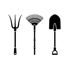 Silhouette illustration of garden tools: a pitchfork, a rake, and a shovel, isolated on a white background.