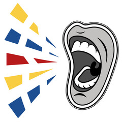 Illustration of an open mouth with colorful geometric shapes representing sound waves emanating from it