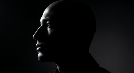Mysterious low key portrait of a man's face in profile. Dramatic silhouette created by rim lighting against a black background.