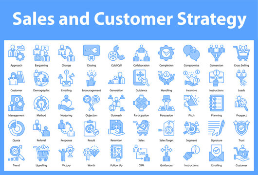 Sales and Customer Strategy Icon Collection and Sheet Containing: Approach,Bargaining,Change,Closing,Cold Call,Collaboration,Completion,Compromise,Conversion,Cross Selling,Customer,Emailing