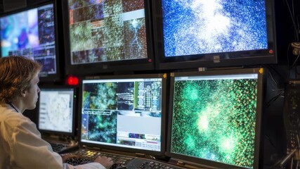 Focused astronomer operates telescope interface panel interpreting space data streams on several interactive monitors in a hightech observatory environment. - Powered by Adobe