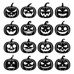 Vector art of collection of halloween pumpkin faces with various scary expressions perfect for spooky season decorations and festive designs
