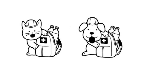 Fototapeta premium 防災用リュック（非常用持出袋）と犬猫のセット 白黒の手書きイラスト