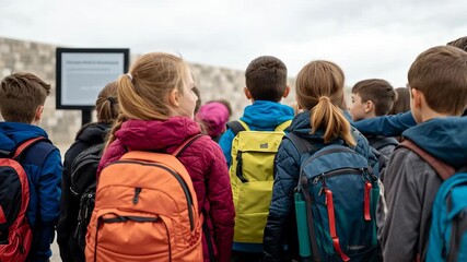 Group of schoolchildren in colorful jackets and backpacks outdoors - Powered by Adobe