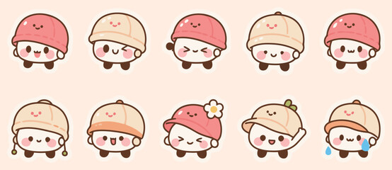 A cute and charming collection of cartoon mochi characters wearing different hats and showing various emotions.