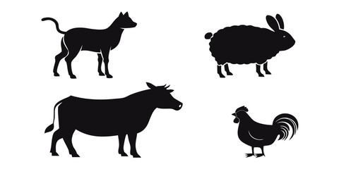 Vector art of black silhouettes of farm animals including a dog cow rabbit and chicken on a white background