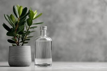 A minimalist arrangement featuring a glass bottle with a metal lid situated beside green succulent plants in gray pots, set against a textured concrete wall