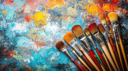 Obraz premium Painting supplies including brushes, canvases, palettes, watercolors, and acrylic tubes arranged in artistic settings for hobbyist painting, creativity, and home studio visuals