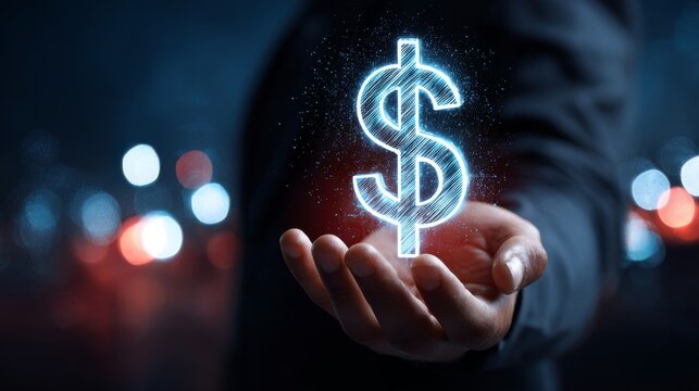 A dollar sign aglow is suspended above hands that are cupped, set against a backdrop of bokeh and infused with a magical light, symbolizing prosperity, wealth management, and financial success