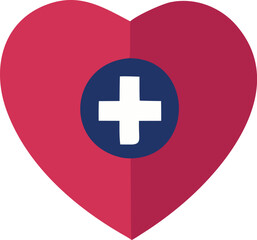 A stylized red heart with a white cross inside a blue circle symbolizing health care and medical assistance