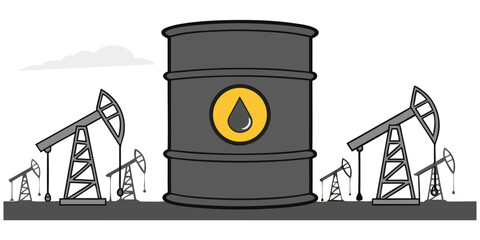 Illustration of an oil barrel with pump jacks extracting crude oil from the ground for the energy industry