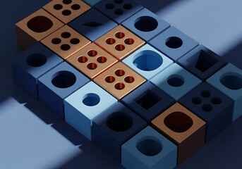 Photo of abstract geometric pattern of cubes with holes and metallic accents
