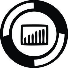 Circular progress indicator with a bar graph inside representing data visualization and growth in a simple black and white icon