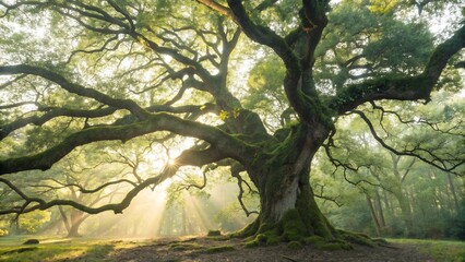 Majestic oak tree with sprawling branches bathed in sunlight, creating a serene and enchanting forest landscape in the morning