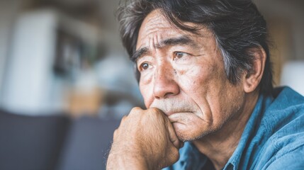 Seated alone in his high-rise apartment, a senior Asian man wearing a blue shirt looks thoughtful, his eyes fixed on the urban cityscape outside his window