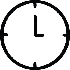 Simple hand drawn black outline clock face showing approximately one o clock with minimalist tick marks indicating time