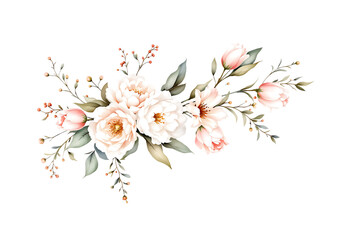 Naklejka premium Watercolor floral arrangement with white peonies, pink tulips and green leaves, isolated on transparent background.