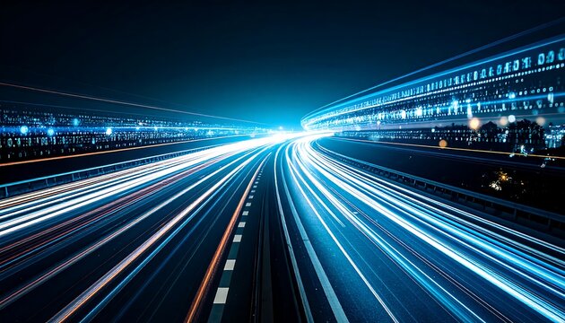 Night highway with light trails, showcasing speed and digital data streams