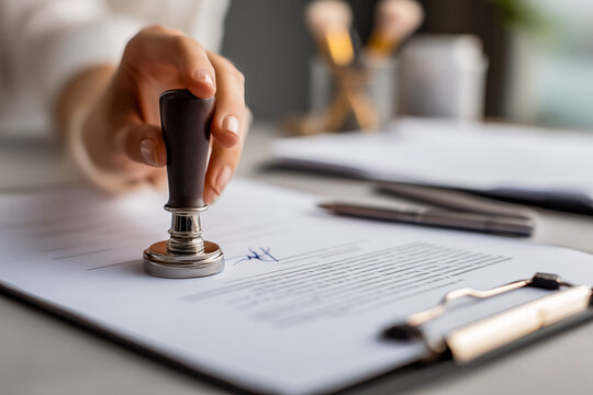Stamping signature document on desk, business authorization process
