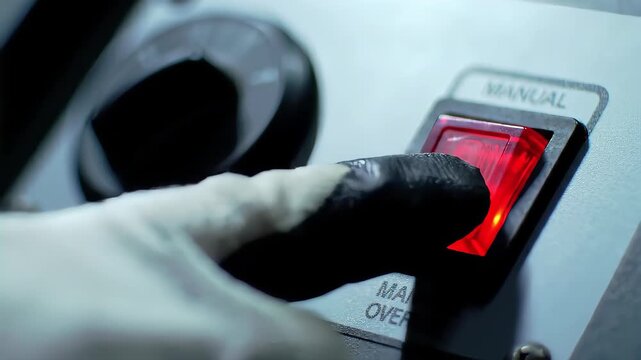 Gloved Hand Activating Red Manual Override Toggle Switch on Control Panel System