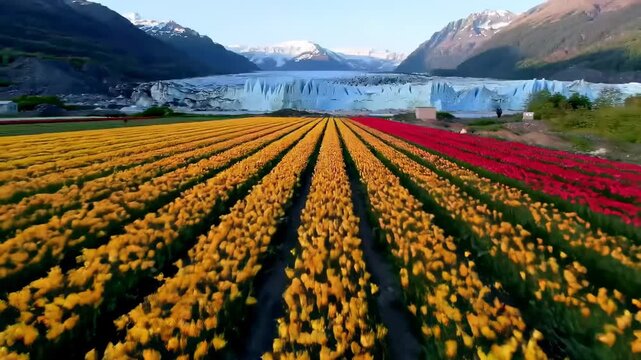 Vibrant tulip field rows with mountainous glacier background