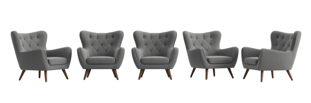 Five plush gray wingback armchairs isolated on transparent background