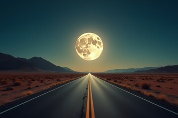 Wide desert highway vanishing toward a looming full moon.
