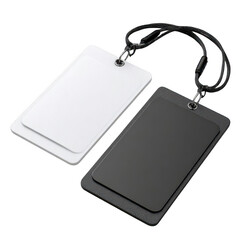 Fototapeta premium Two blank, rectangular identification cards, one white, one black, on cords