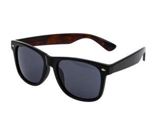 Stylish black frame sunglasses with tortoise shell temples, a classic eyewear accessory for sun protection and fashion, offering a cool and trendy look on transparent background
