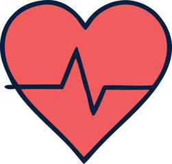 A stylized red heart icon with a dark blue outline features a simple electrocardiogram line representing a heartbeat