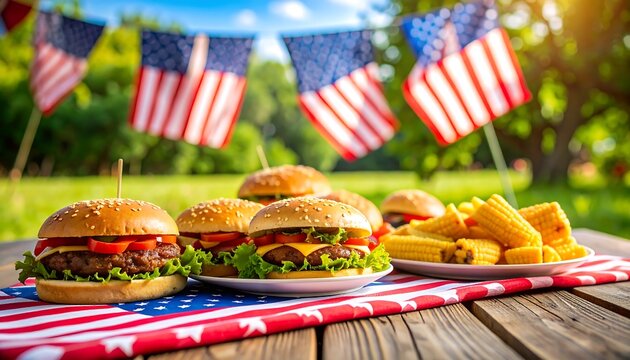 Celebratory Fourth of July Picnic with Burgers and Corn on the Cob Outdoors