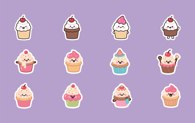 Set of adorable and delicious cartoon cupcakes, vector illustration collection of baked goods with different frostings and toppings.