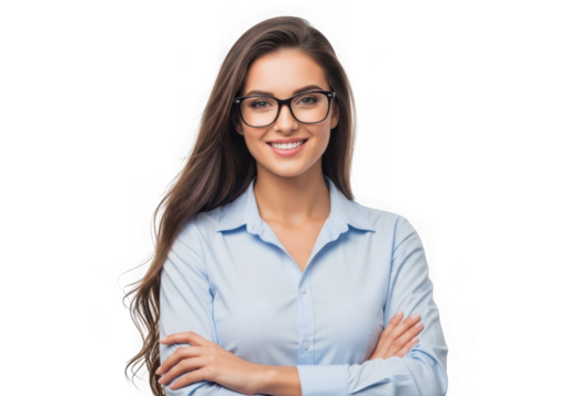 Portrait of a confident young businesswoman with long brown hair and glasses smiling in front of a transparent background