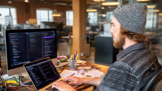 Casual developer in a loftstyle coworking space pushing Git commits from a terminal after troubleshooting code highlighting collaboration and agile workflow.