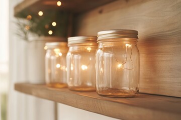 Warm glow from illuminated jars enhances cozy atmosphere on wood