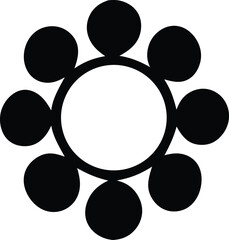 Abstract geometric floral design featuring a central white circle surrounded by eight black circular petals in a symmetrical arrangement