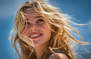 Radiant young woman with blond hair smiles brightly against clear blue sky. Bright sunshine illuminates face, emphasizing youthful beauty, joyful expression. Enjoys warm summer day outdoors, exuding
