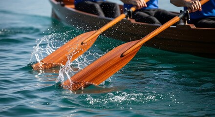 Close-up of wooden oars splashing in turquoise waters while rowing in a boat during the summer