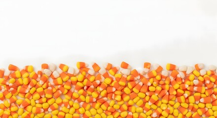 Sweet Candy Corn Border on White Background with Copy Space, perfect for Halloween, Autumn, and Fall holiday designs. Vibrant seasonal treats for festive marketing and promotions.